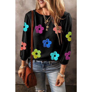 Sequin Flower Round Neck Blouse